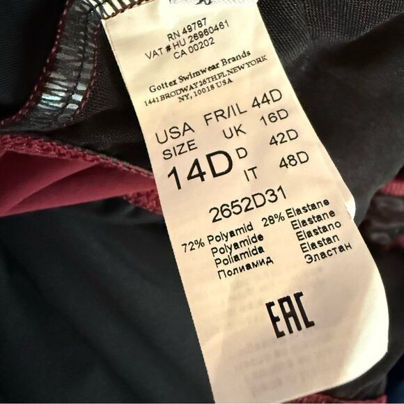 Profile by Gottex Moto Merlot D-Cup Lace Up Plunged One Piece Swimsuit Sz 14D - Picture 5 of 7